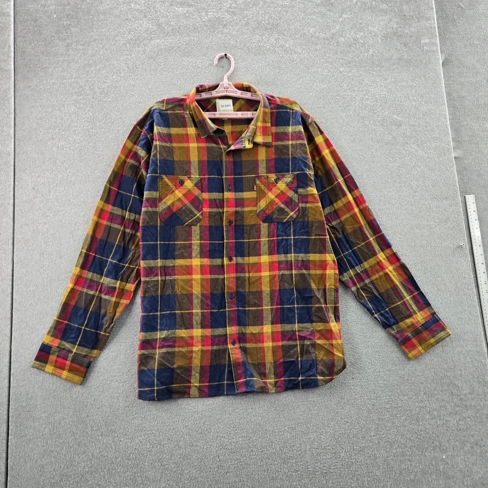 Levi's‎ Men Button Up Shirt XXL Yellow Tartan Plaid Twill Long Sleeve Utility